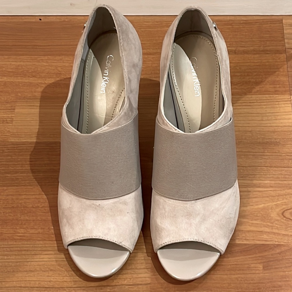 Calvin Klein high heel peep toe bootie suede
